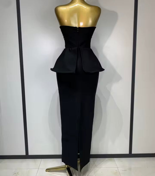 Women Strapless Rhinestone Beading Black Sexy Maxi Dress