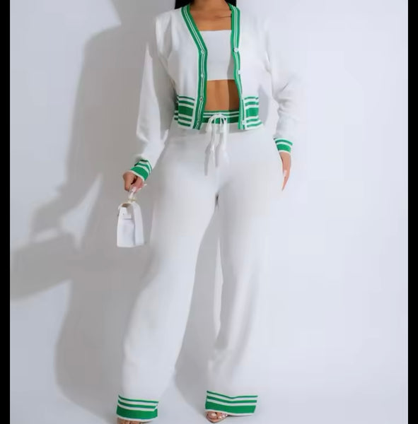 Women Fashion Color Patchwork Full Sleeve Three Piece Pant Set
