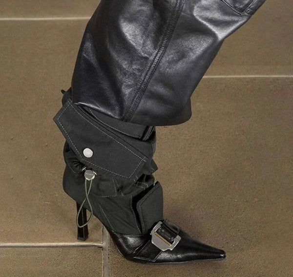 Women Fashion Pointed Toe Buckled Pocket Zipper Knee High Boots