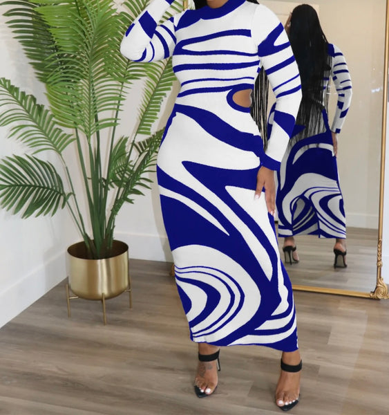Women Sexy Printed Full Sleeve Side Cut Out Maxi Dress