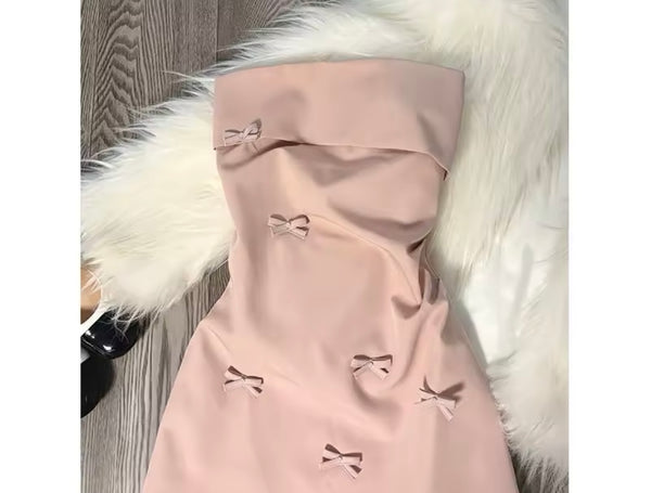 Women Sexy Strapless Pink Bow Dress