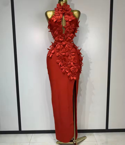 Women Red Halter Sleeveless 3D Floral Cut Out Sexy Maxi Dress