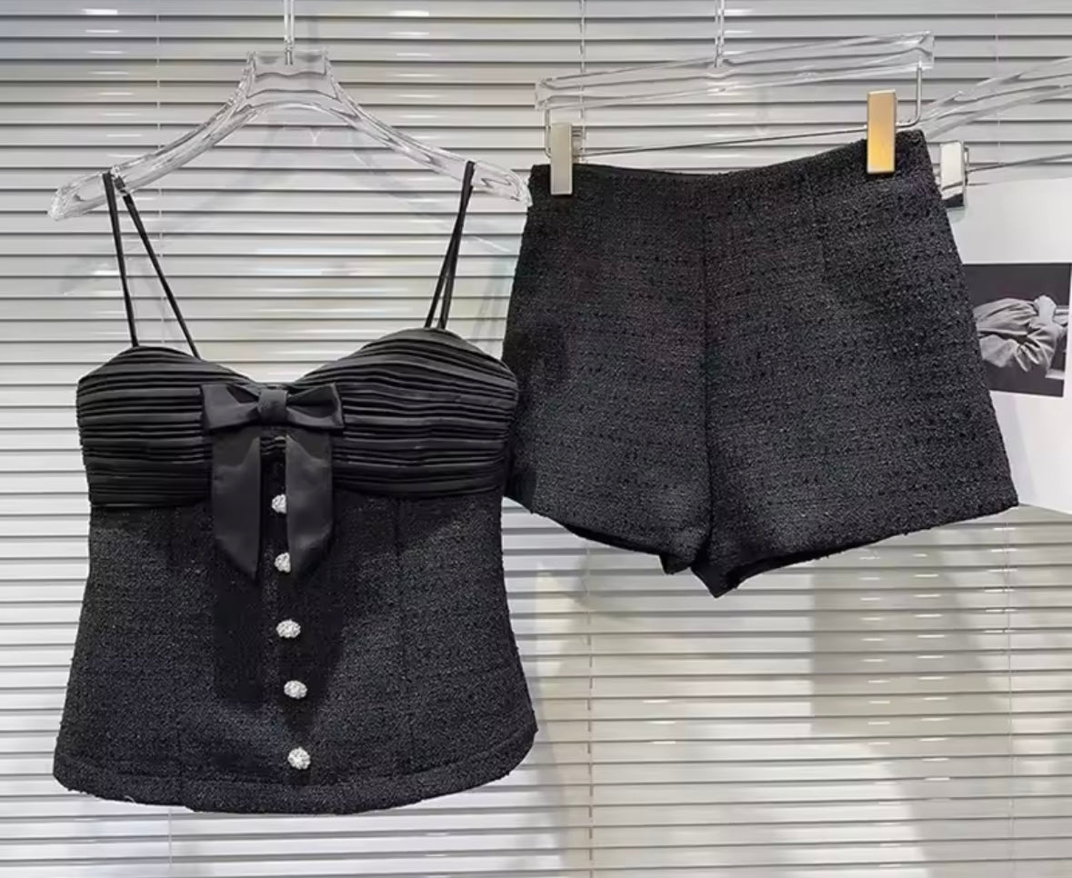 Women Sleeveless Bow Button Up Two Piece Tweed Short Set