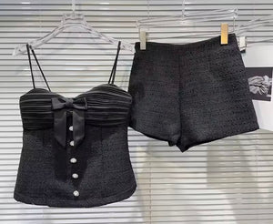 Women Sleeveless Bow Button Up Two Piece Tweed Short Set
