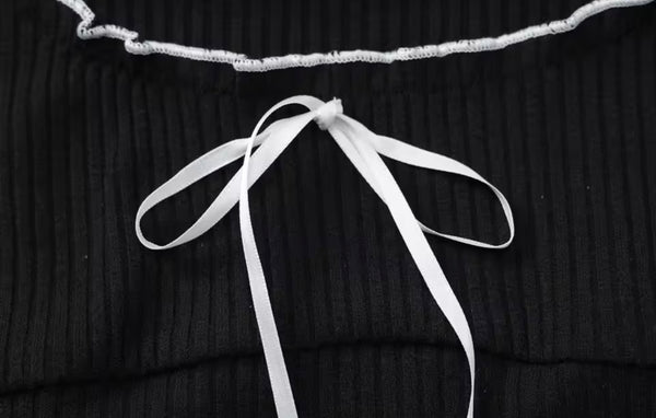 Women B&W Bow Ribbed Fashion Full Sleeve Dress