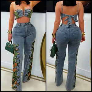 Women Sexy Printed Sleeveless Crop Two Piece Denim Pant Set