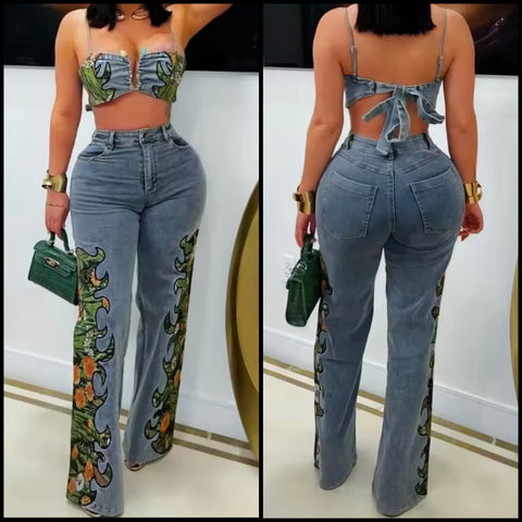 Women Sexy Printed Sleeveless Crop Two Piece Denim Pant Set