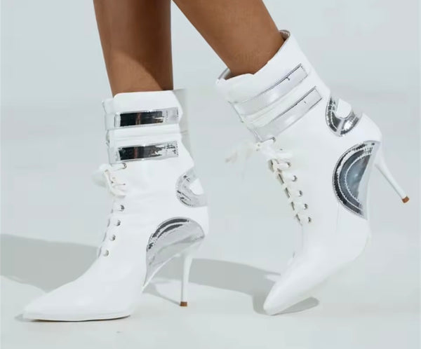 Women Fashion White Pointed Toe Lace Up High Heel Ankle Boots