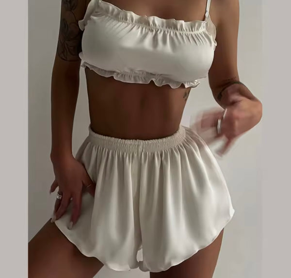 Women White Sexy Satin Ruffled Bow Lingerie Set