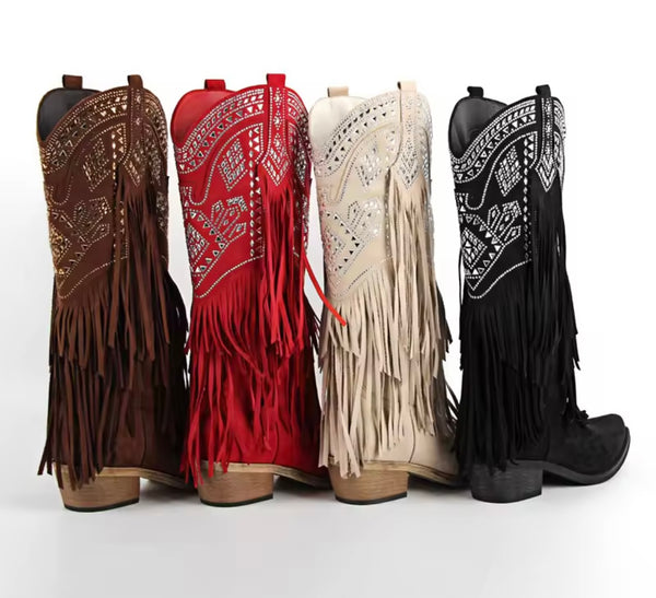 Women Fashion Suede Bling Fringe Tassel Western Boots