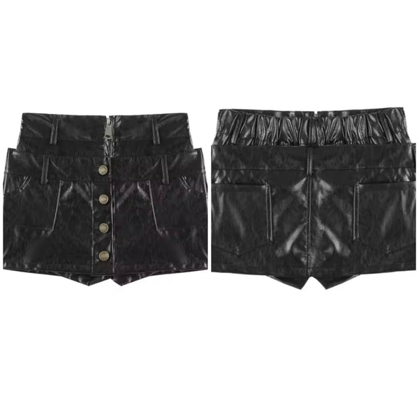 Women Fashion Black Button Up Faux Leather Shorts