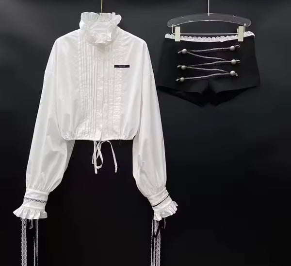 Women White Ruffle Button Up Two Piece Black Short Set