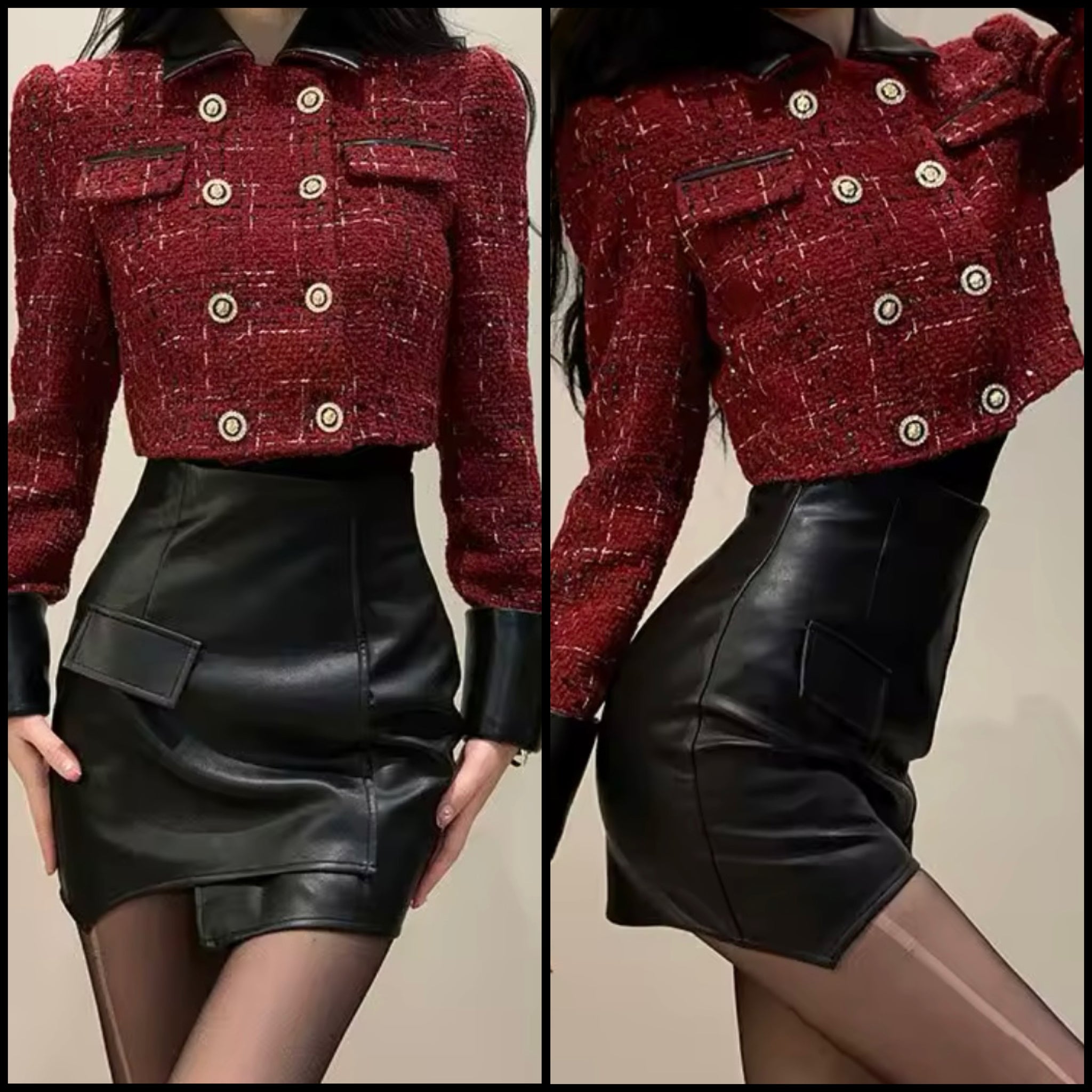 Women Fashion Faux Leather Button Tweed Two Piece Skirt Set