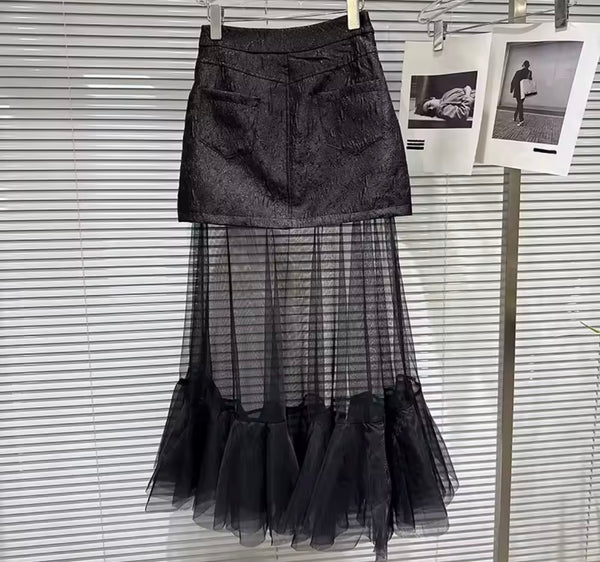 Women Buckled Ruffled Mesh Black Fashion Skirt