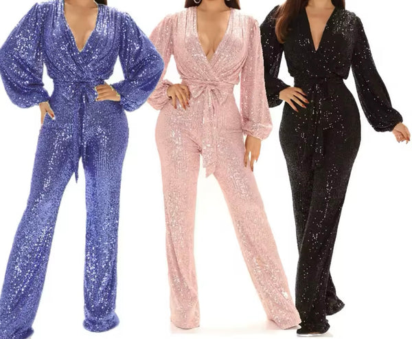 Women Sexy Sequins V-Neck Full Sleeve Tie Up Jumpsuit