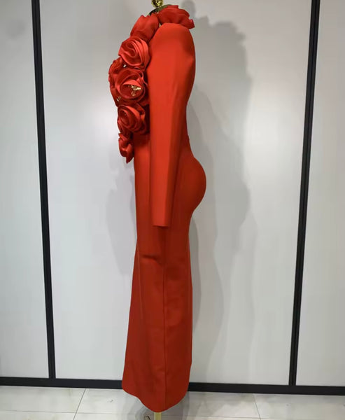 Women Sexy Red 3D Floral Gold Pin Full Sleeve Maxi Dress