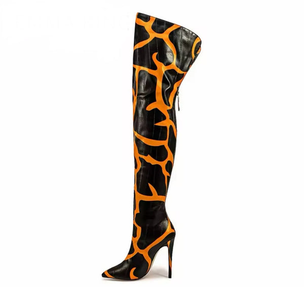 Women Color Patchwork Faux Leather Over The Knee Boots