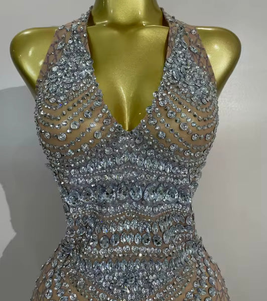 Women Silver Halter Sleeveless Open Back Rhinestone Sexy Dress