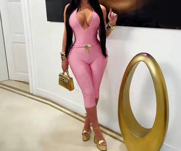 Women Halter Sleeveless Metal Sexy Capri Jumpsuit