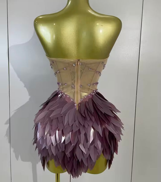 Women Purple Sexy Strapless Sequins Rhinestone Mesh Dress
