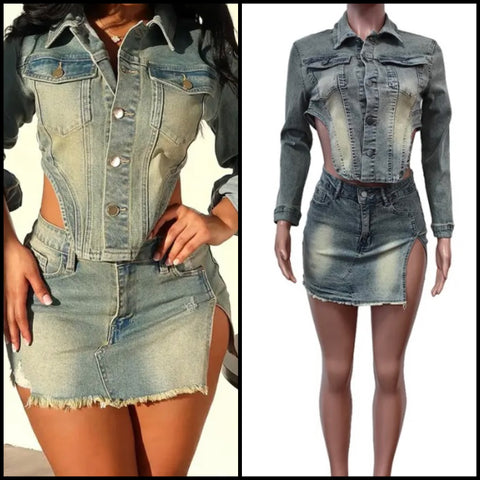 Women Sexy Fashion Full Sleeve Button Up Denim Two Piece Skirt Set