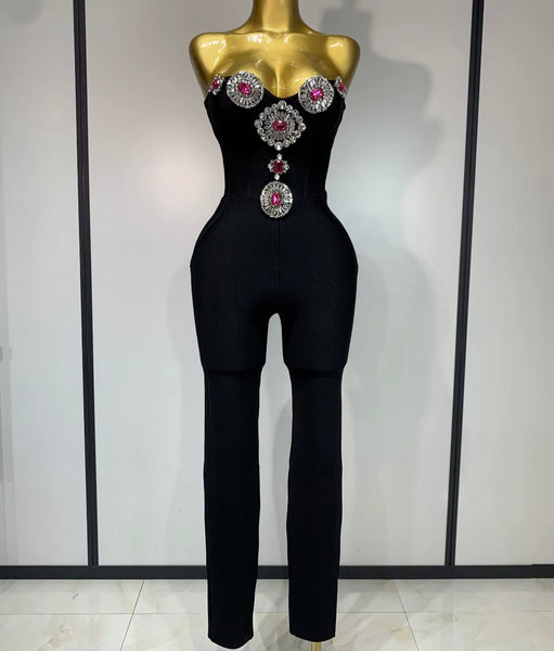 Women Sexy Strapless Bling Crystal Jumpsuit