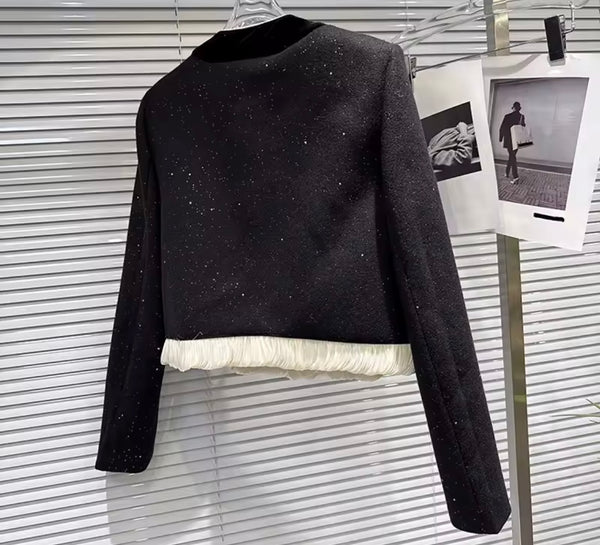 Women Fashion Sparkly B&W Lace Button Up Blazer Two Piece Pant Set