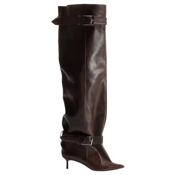 Women Pointed Toe Double Buckle Knee High Boots