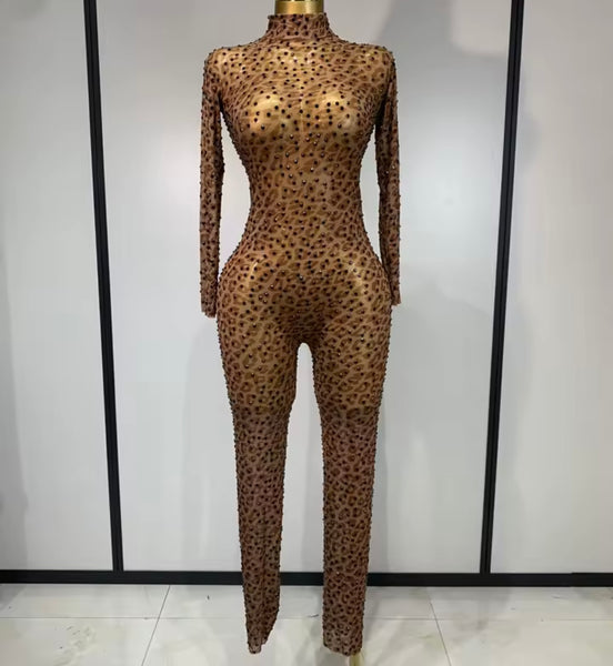 Women Sexy Leopard Print Beaded See Through Jumpsuit