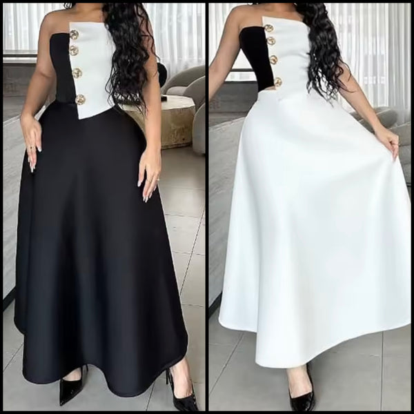 Women Sexy Button Up Strapless Color Patchwork Two Piece Maxi Skirt Set