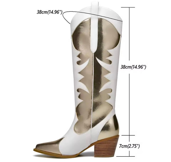 Women Color Patchwork Fashion Knee High Western Boots