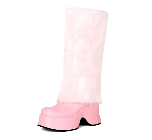 Women Color Fashion Furry Faux Leather Platform Knee High Boots