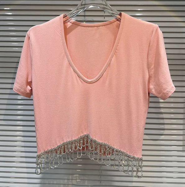 Women Fashion Short Sleeve Bling Tassel Top