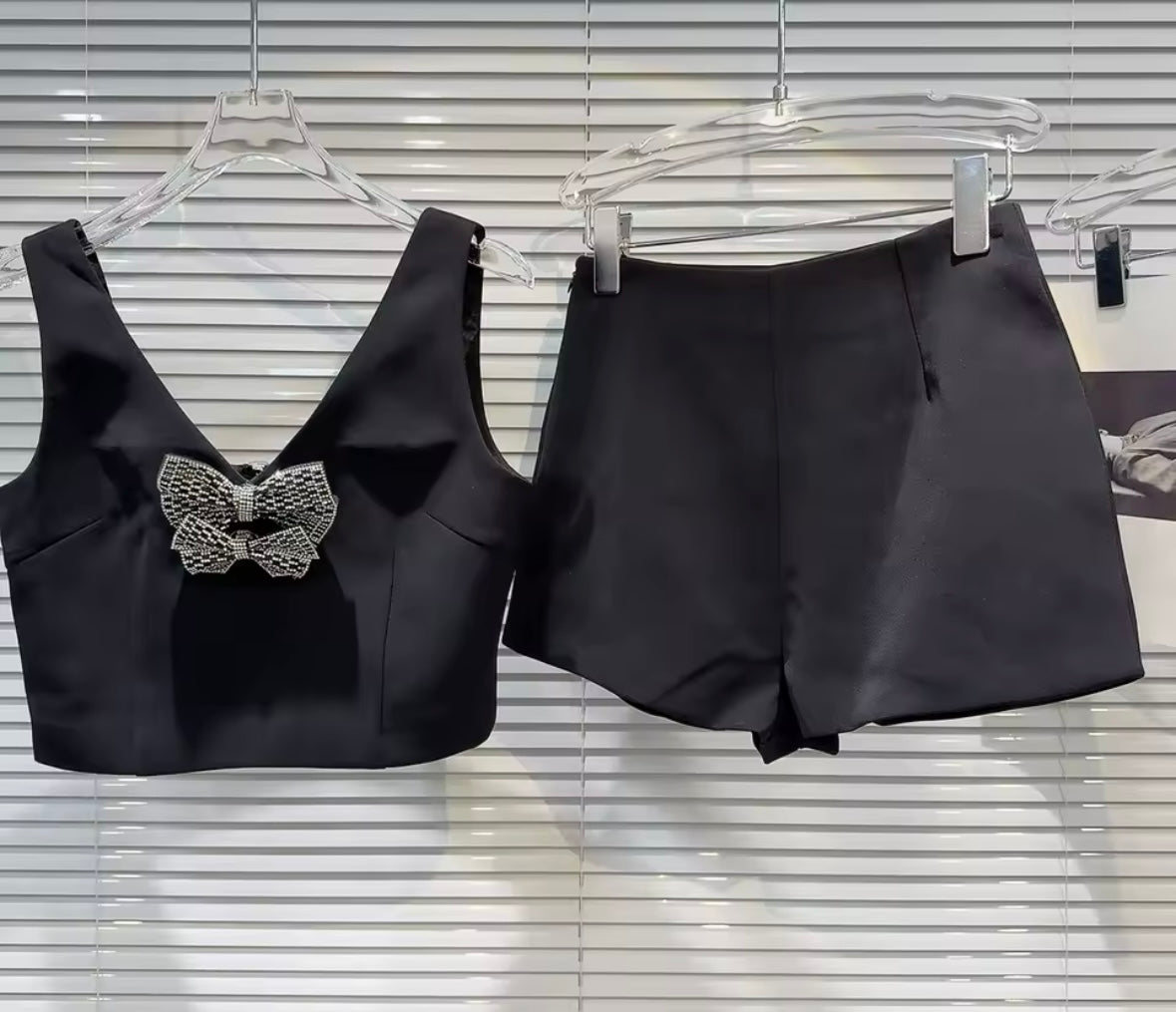 Women Sexy Sleeveless Bling Bow Two Piece Short Set