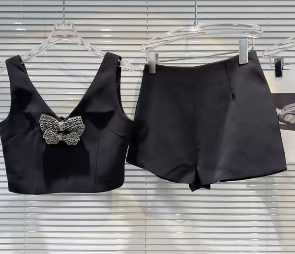 Women Sexy Sleeveless Bling Bow Two Piece Short Set