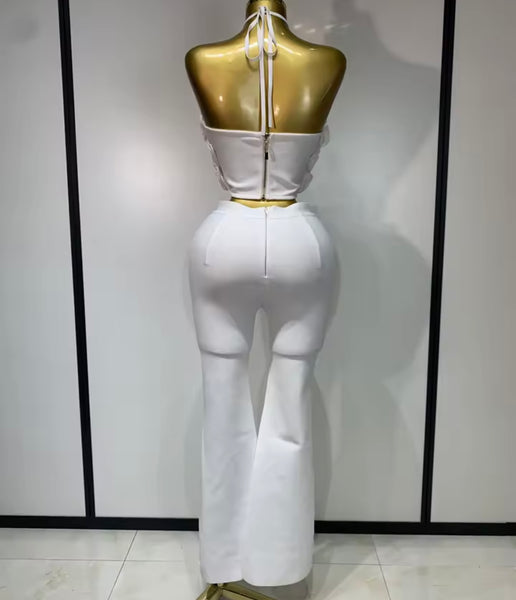 Women Fashion 3D Floral Halter Sleeveless Two Piece Pant Set