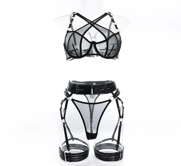 Women Sexy Criss Cross Mesh Lingerie Set