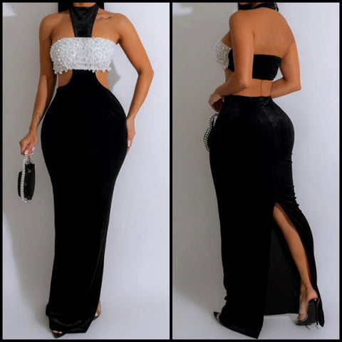 Women Sexy B&W Halter Sleeveless Pearl Velour Maxi Dress