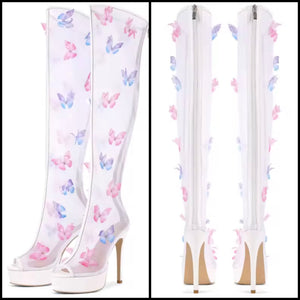 Women White Open Toe Color Butterfly Mesh Knee High Boots