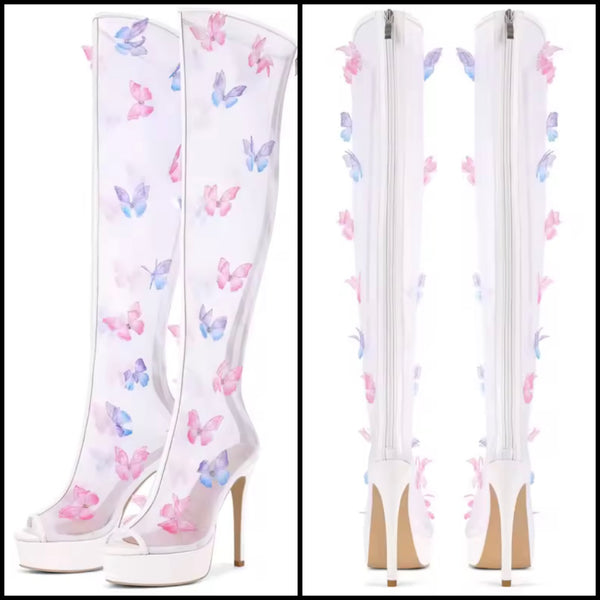Women White Open Toe Color Butterfly Mesh Knee High Boots