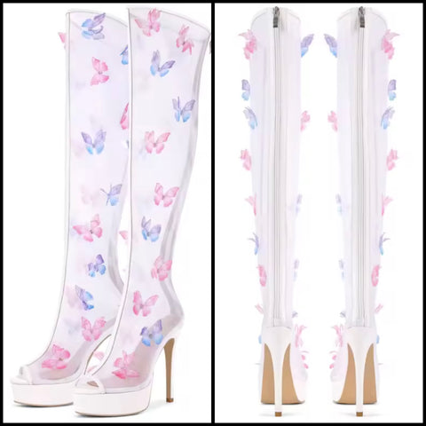 Women White Open Toe Color Butterfly Mesh Knee High Boots
