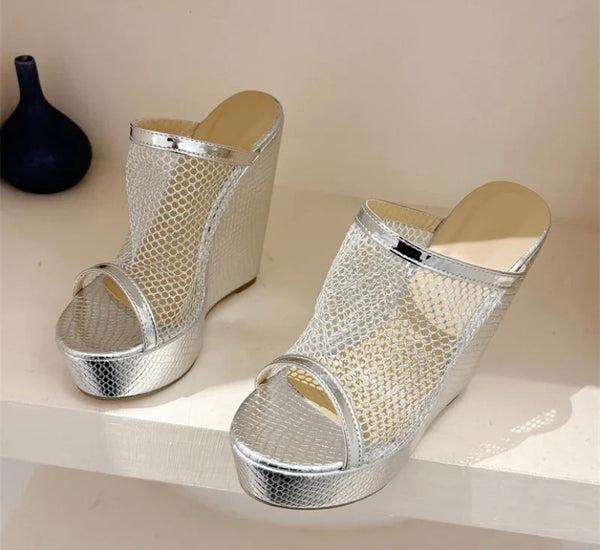 Women Fashion PU Mesh Platform Slide On Sandals