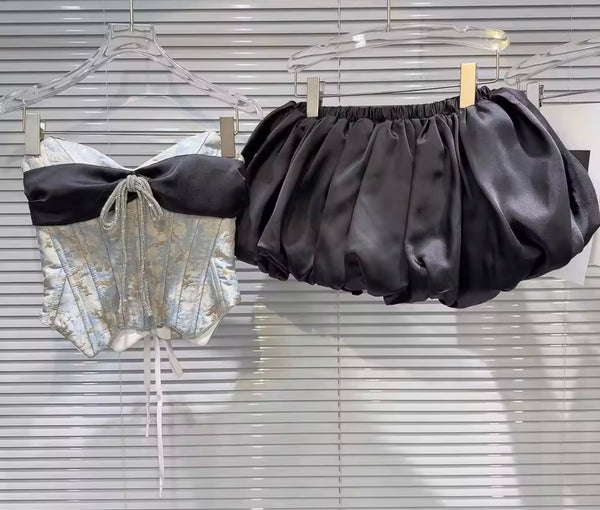 Women Sexy Strapless Corset Two Piece Bubble Skirt Set