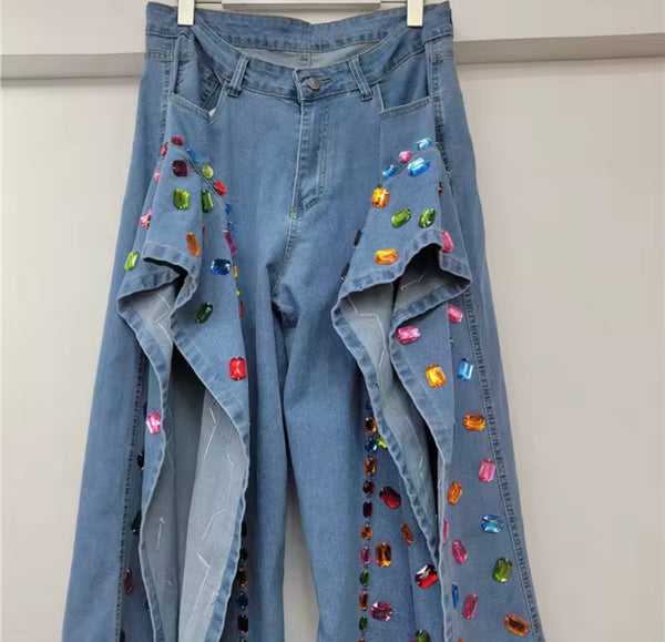 Women Blue Fashion Split Hem Color Crystal Denim Pants