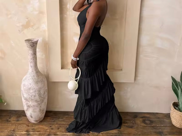 Women Sexy Halter Sleeveless Ruffled Maxi Dress