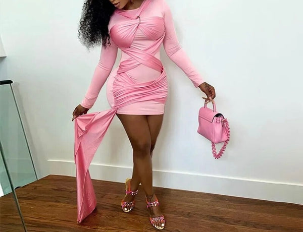 Women Sexy Full Sleeve Pink Lace Up Dress