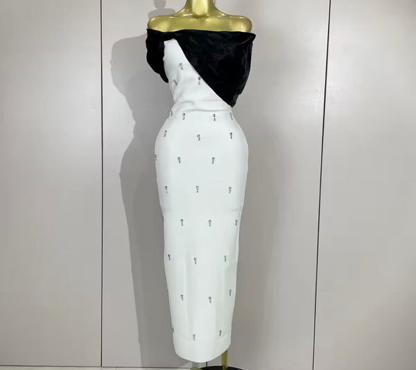 Women Sexy B&W Off The Shoulder Rhinestone Maxi Dress