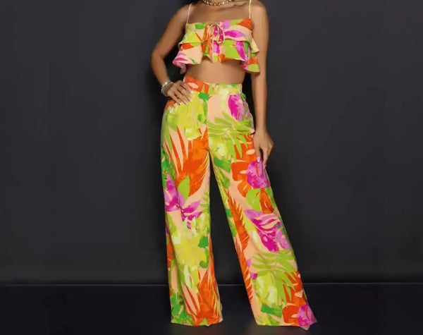 Women Sexy Sleeveless Printed Ruffled Crop Two Piece Pant Set