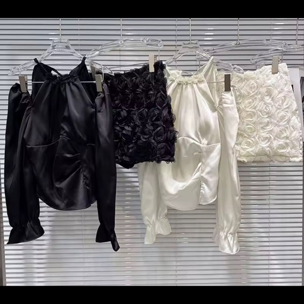 Women Sexy Satin Full Sleeve Two Piece 3D Floral Skirt Set