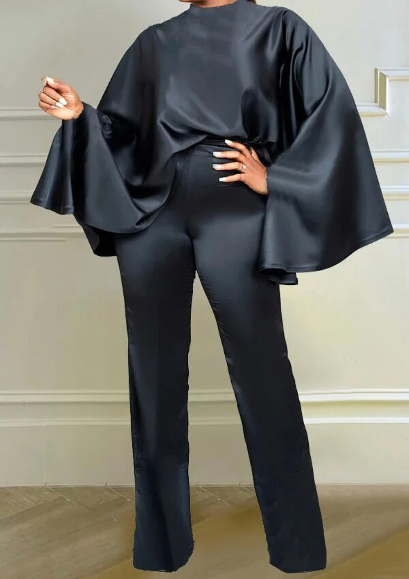 Women Sexy Satin Solid Color Batwing Two Piece Pant Set